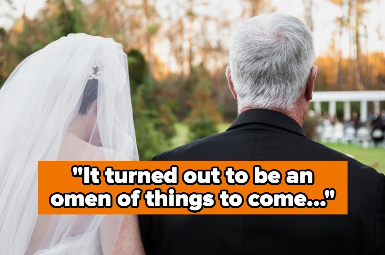 Bride with veil and man in formal wear, outdoors. Text overlay says: "It turned out to be an omen of things to come..."