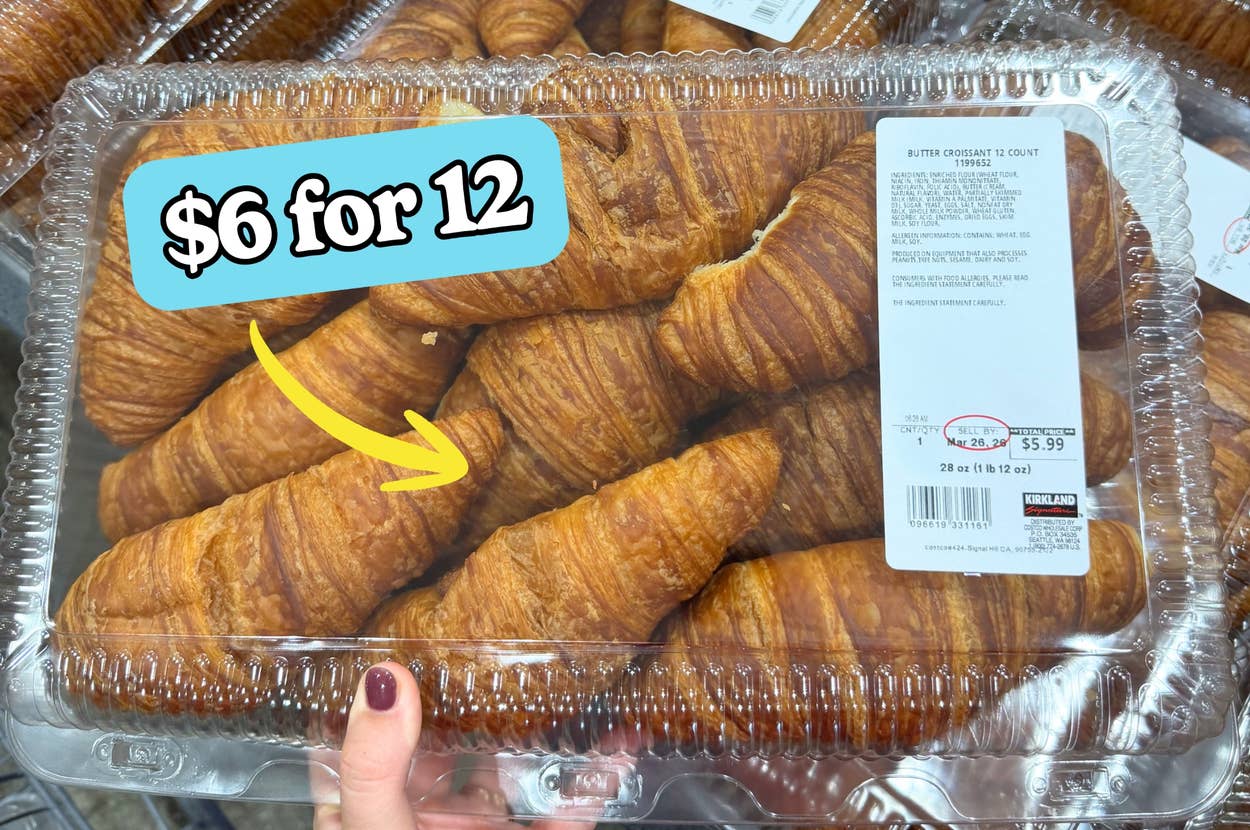 Pack of 12 croissants priced at \$5.99, with a sign above showing \$6 for 12