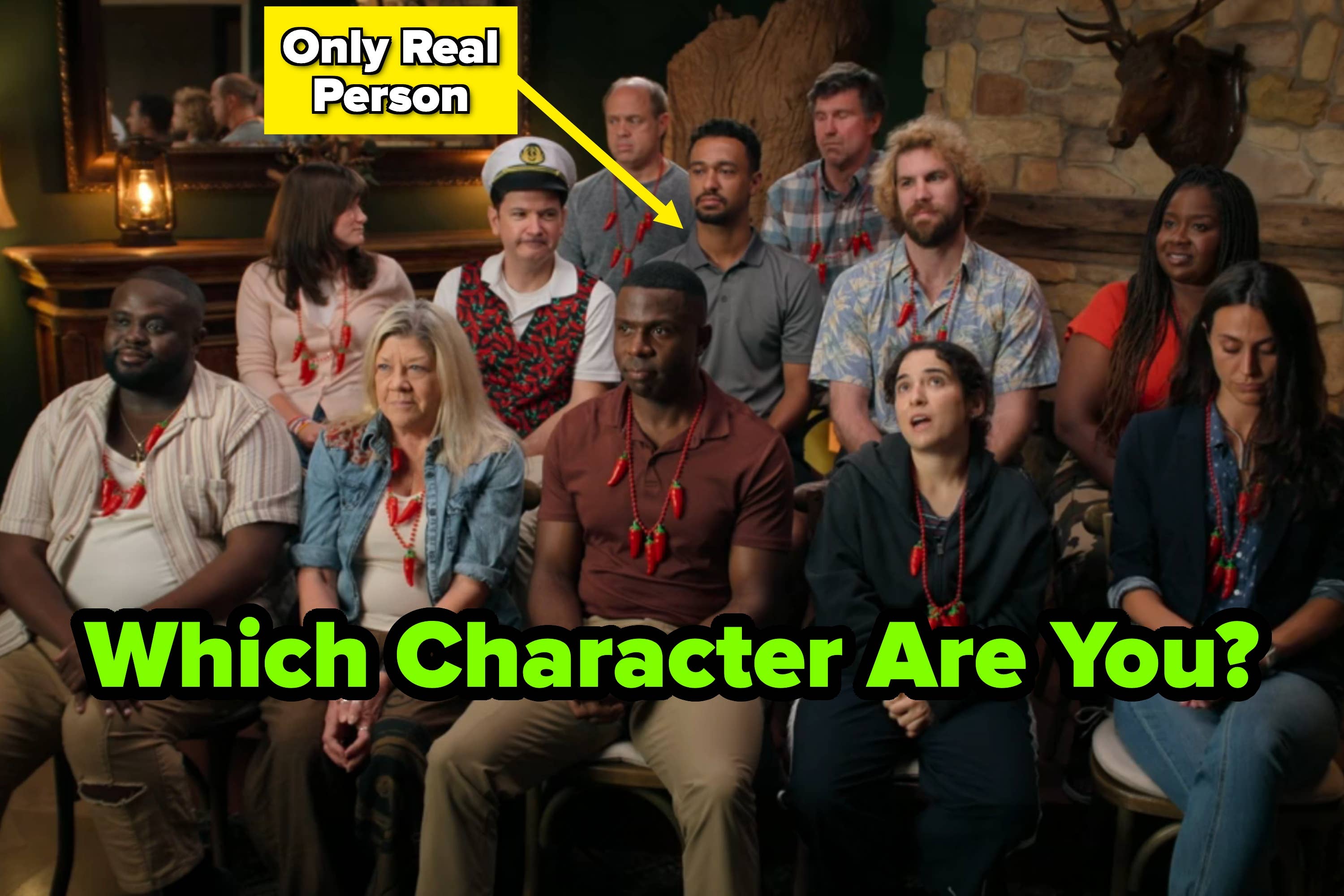Group of people seated together for a TV show segment with a label indicating "Only Real Person." Text reads, "Which Character Are You?"