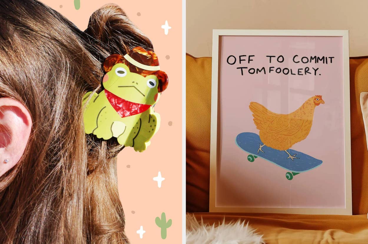 Left: Close-up of a frog hair accessory in brunette hair. Right: Framed art of a chicken on a skateboard with "Off to Commit Tomfoolery" text