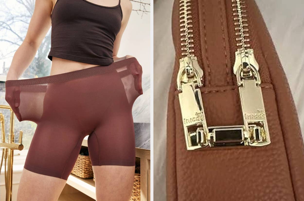 Left: Person stretching brown sheer shapewear shorts. Right: Close-up of a brown bag with a gold zipper and lock detail