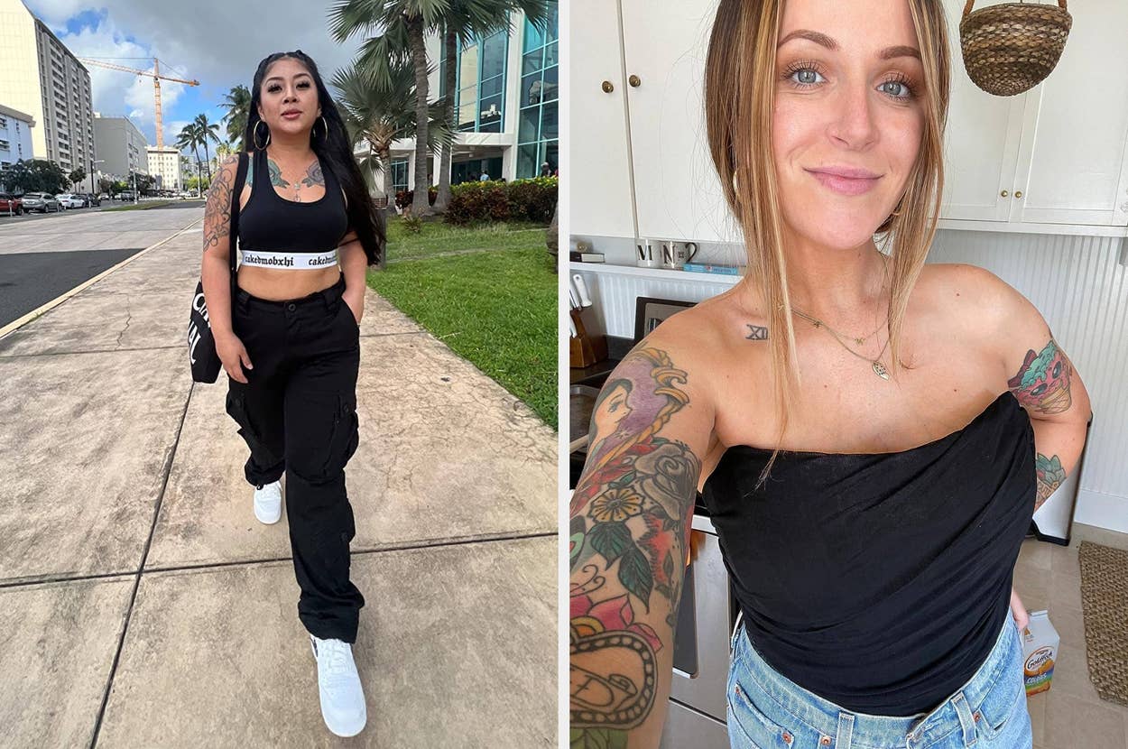 Two women pose outdoors and indoors, showing casual outfits. One wears a graphic tee and a jean jacket; the other wears a black strapless top