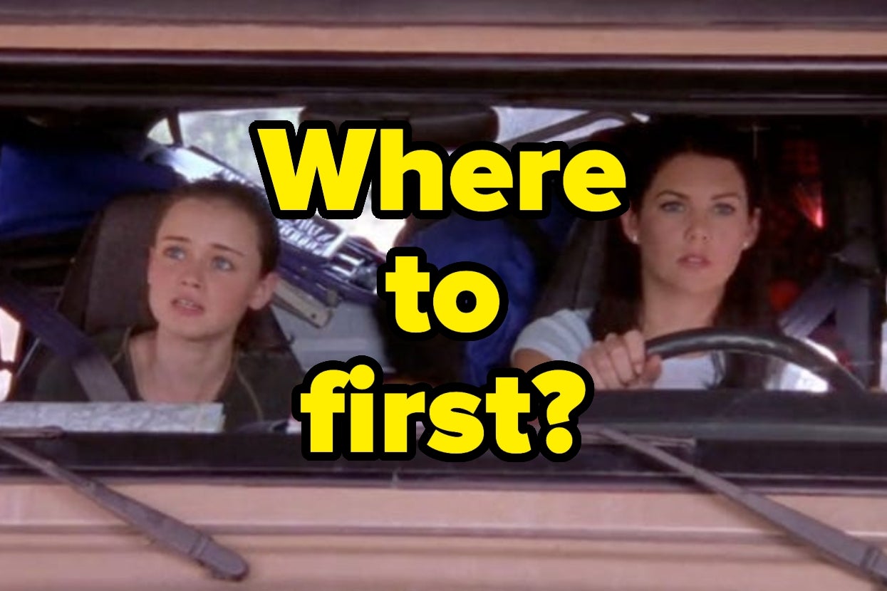 Rory and Lorelai sitting in a car, looking ahead. Text overlay: "Where to first?"