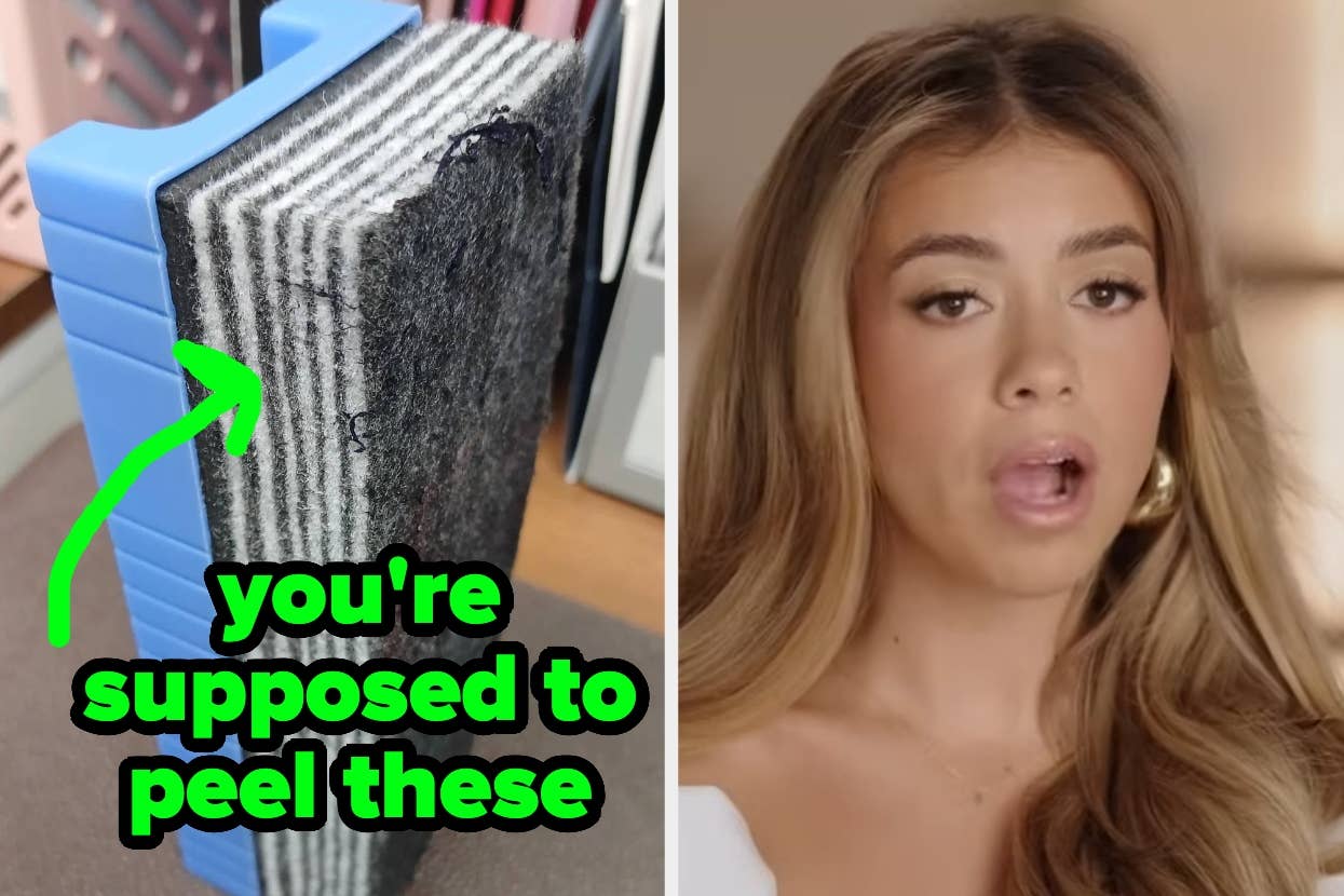 Close-up of a lint roller with a peeled sheet and a surprised person on the right; text reads: "you're supposed to peel these."