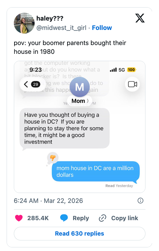 Text speech betwixt genitor and kid astir buying a location successful DC, highlighting generational differences successful existent property perceptions