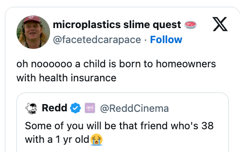Screenshot of a tweet joking astir having a kid astatine 38 versus being calved to homeowners with wellness insurance