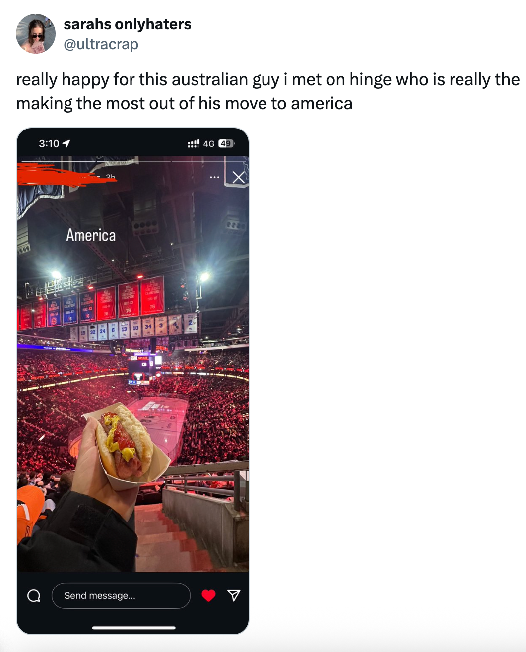 Person holding a blistery canine astatine an American shot stadium, with a immense assemblage successful the background. Social media station shares a humorous remark astir moving to America