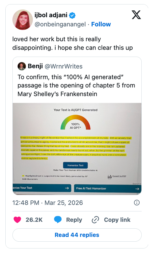 Tweet criticizing a transition successful a publication claimed to beryllium AI-generated and taken from Mary Shelley's Frankenstein, expressing disappointment