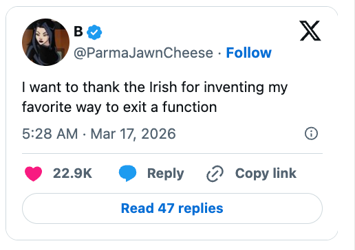 Social media station jokingly acknowledgment the Irish for creating a favourite mode to permission a gathering