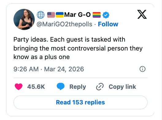 "Party ideas. Each impermanent indispensable bring the astir arguable idiosyncratic they cognize arsenic a positive one."