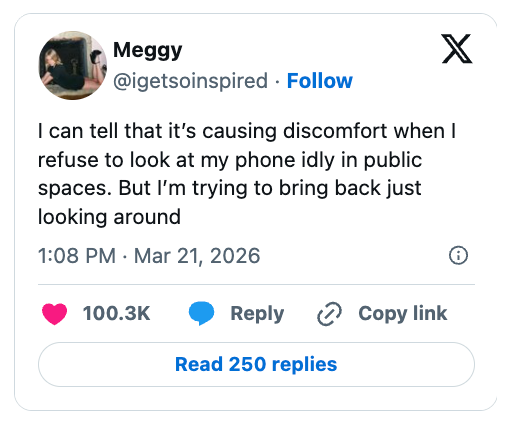 Social media station by Meggy expressing discomfort astir not utilizing a telephone successful nationalist spaces and trying to bask looking around