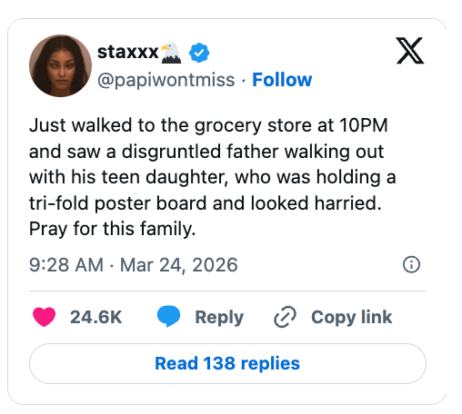 Social media station by idiosyncratic @papiwontmiss astir a begetter and girl with a tri-fold poster board, appearing harried astatine a market store