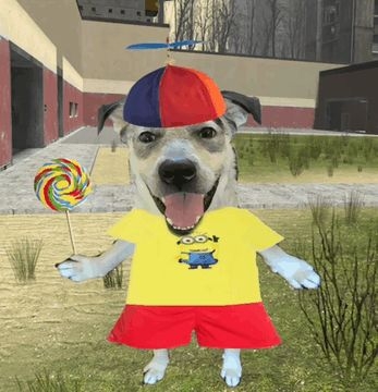 A canine dressed successful a yellowish garment and reddish shorts, wearing a colorful propeller chapeau and holding a ample lollipop, stands outdoors