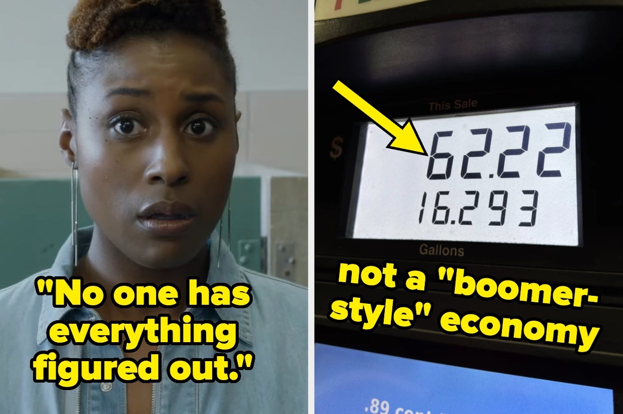 Split image: Left shows a concerned person with text "No one has everything figured out." Right displays a gas pump, reading $62.22, with text about the economy