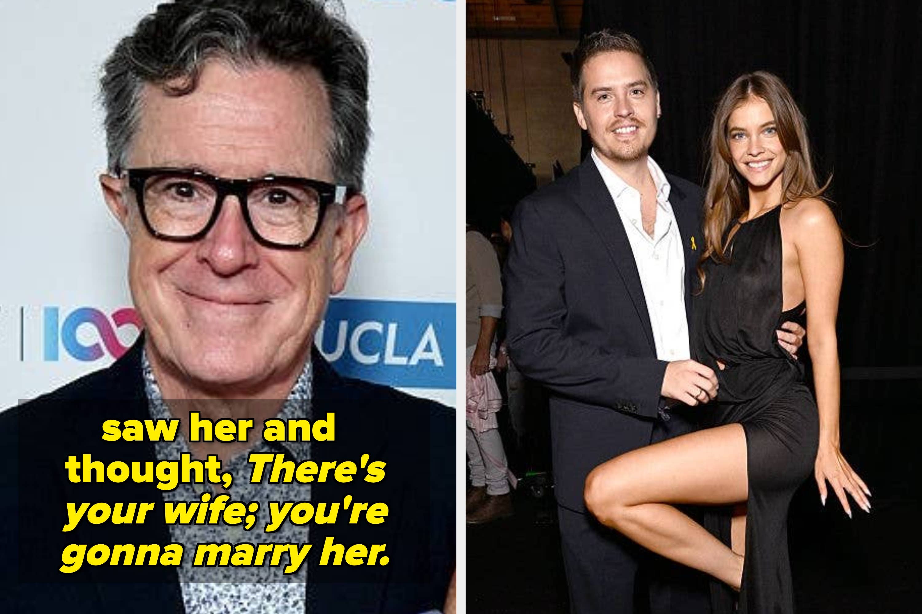 A couple smiling together at an outdoor event with a humorous text overlay about marriage destiny