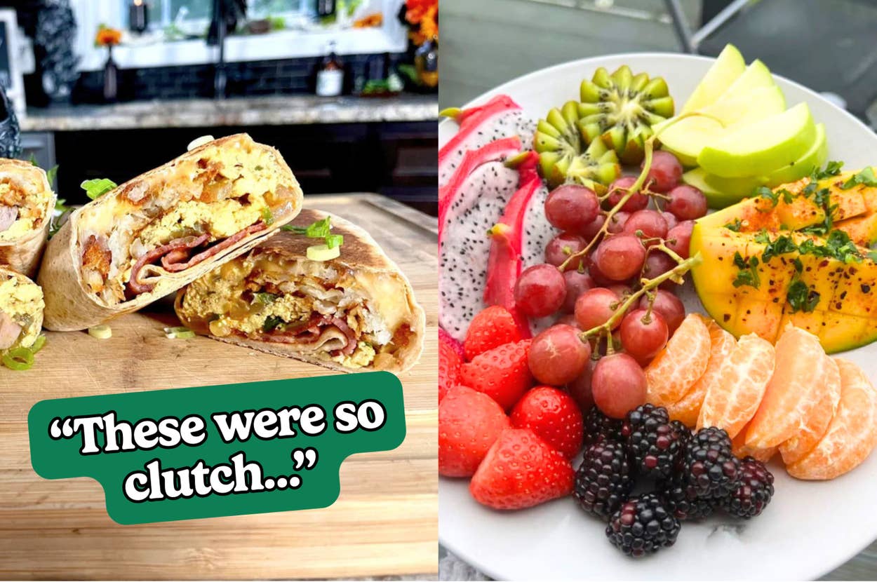 Breakfast burrito with eggs and bacon next to a colorful fruit platter with kiwi, dragon fruit, grapes, and more. Text: “These were so clutch…”