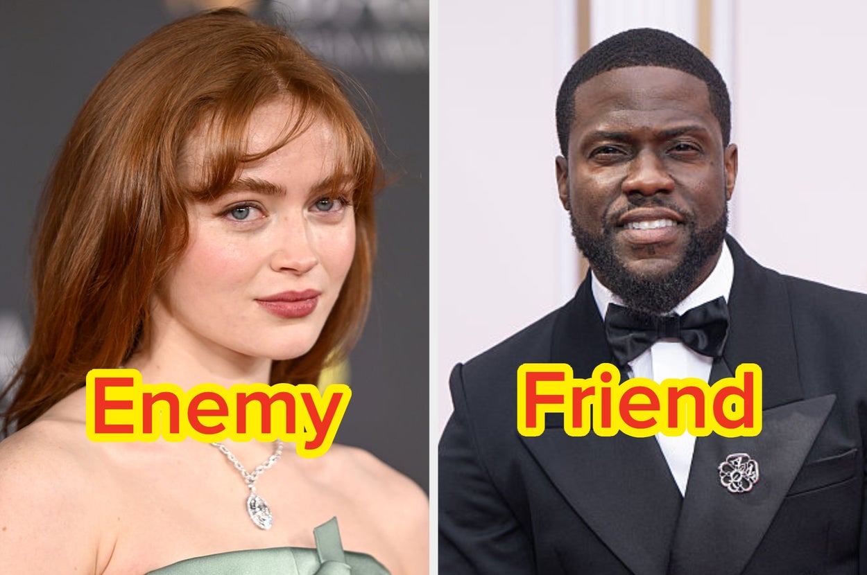 Two people in formal wear with text labels: "Enemy" and "Friend."