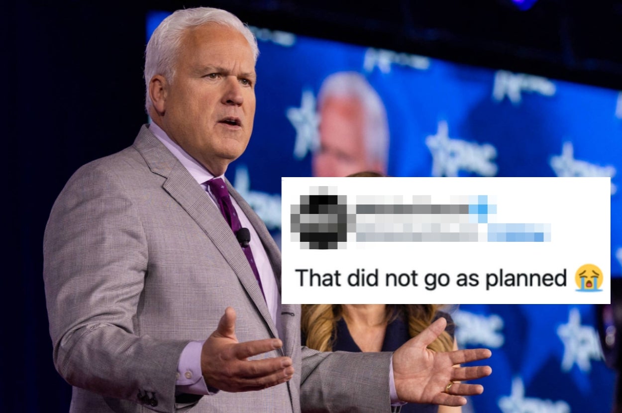 A person in a suit gestures during a talk, with an overlaid tweet reading, "That did not go as planned" and a crying emoji