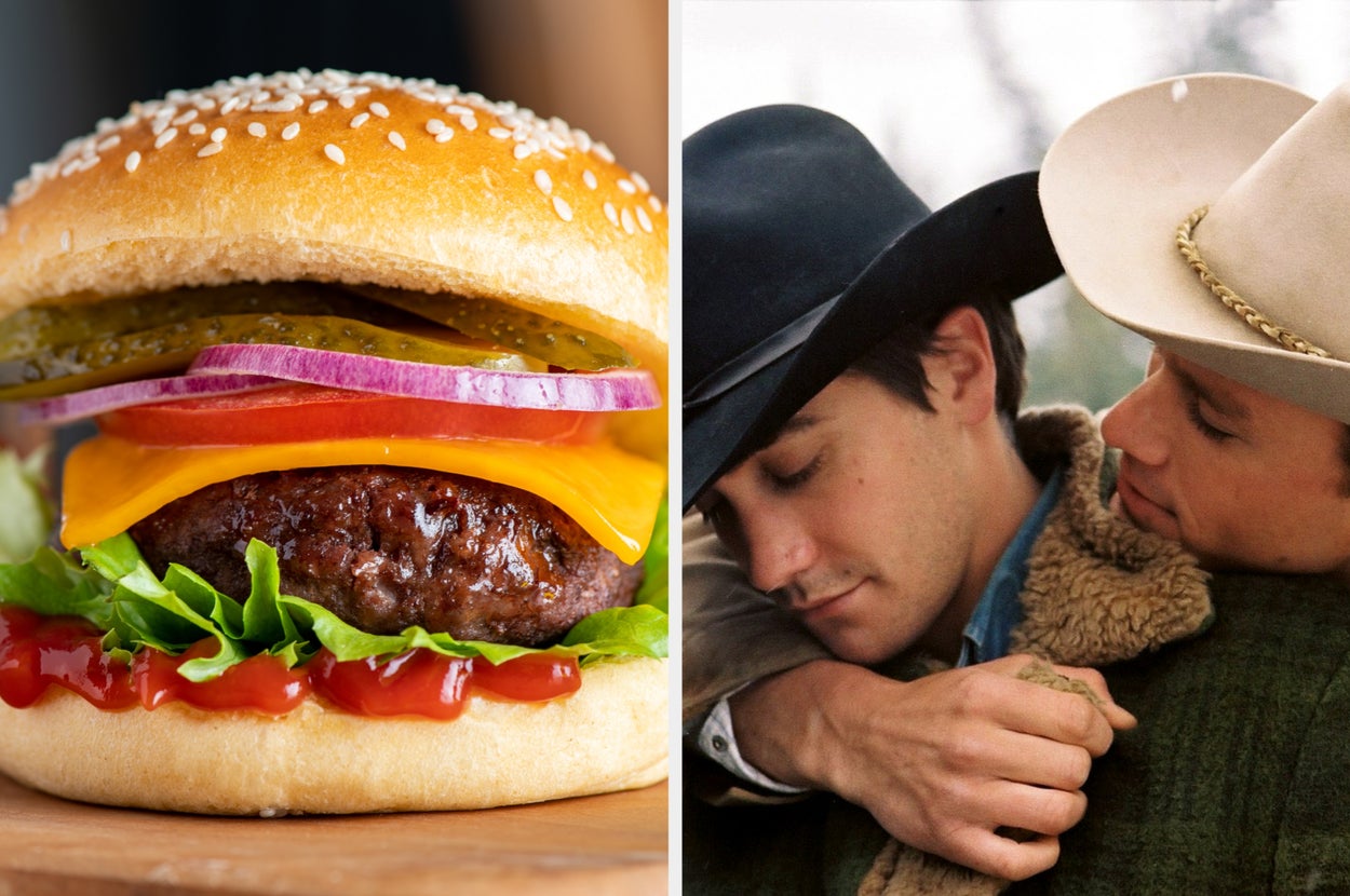 Left: Close-up of a hamburger with lettuce, cheese, onion, and pickles. Right: Two people in cowboy hats embrace affectionately