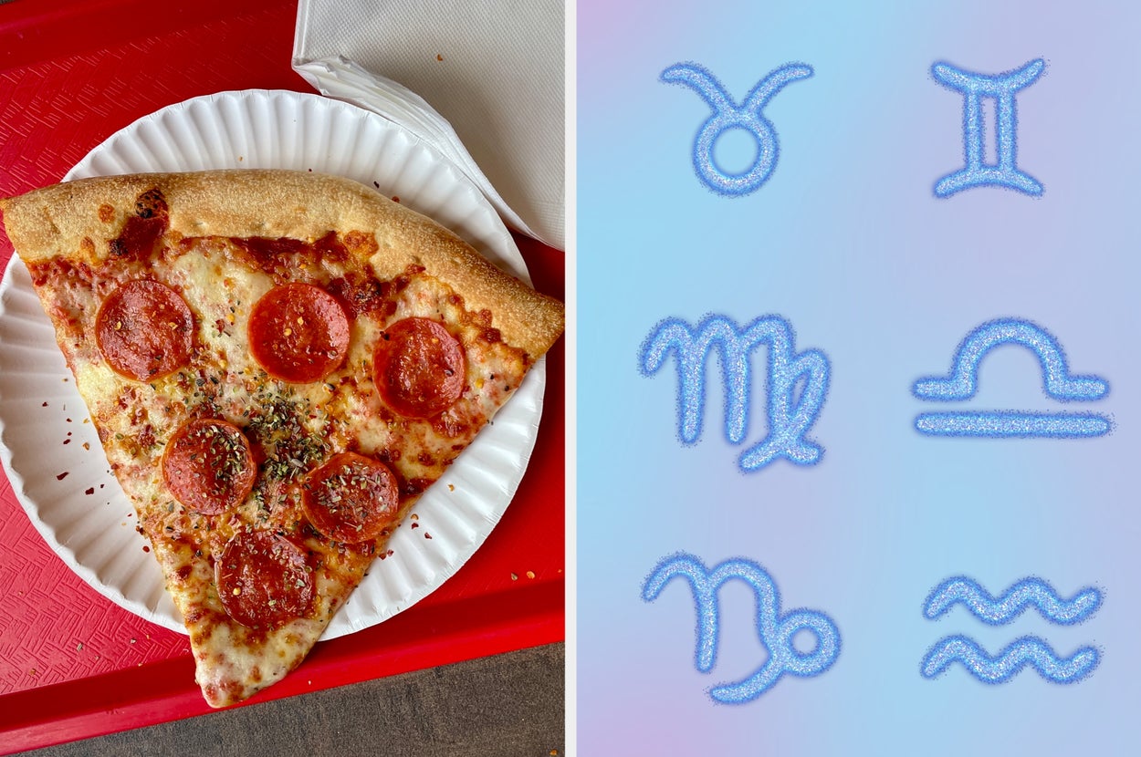 Left: Slice of pepperoni pizza on a plate. Right: Symbols of six zodiac signs in blue