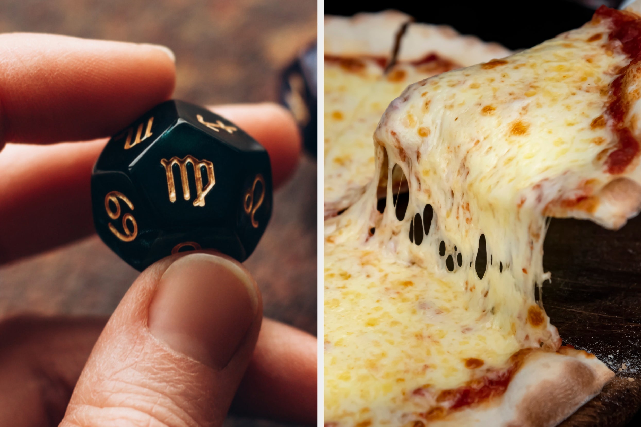 Close-up of a hand holding a 20-sided die with zodiac symbols next to a cheesy slice of pizza being pulled from a whole pizza