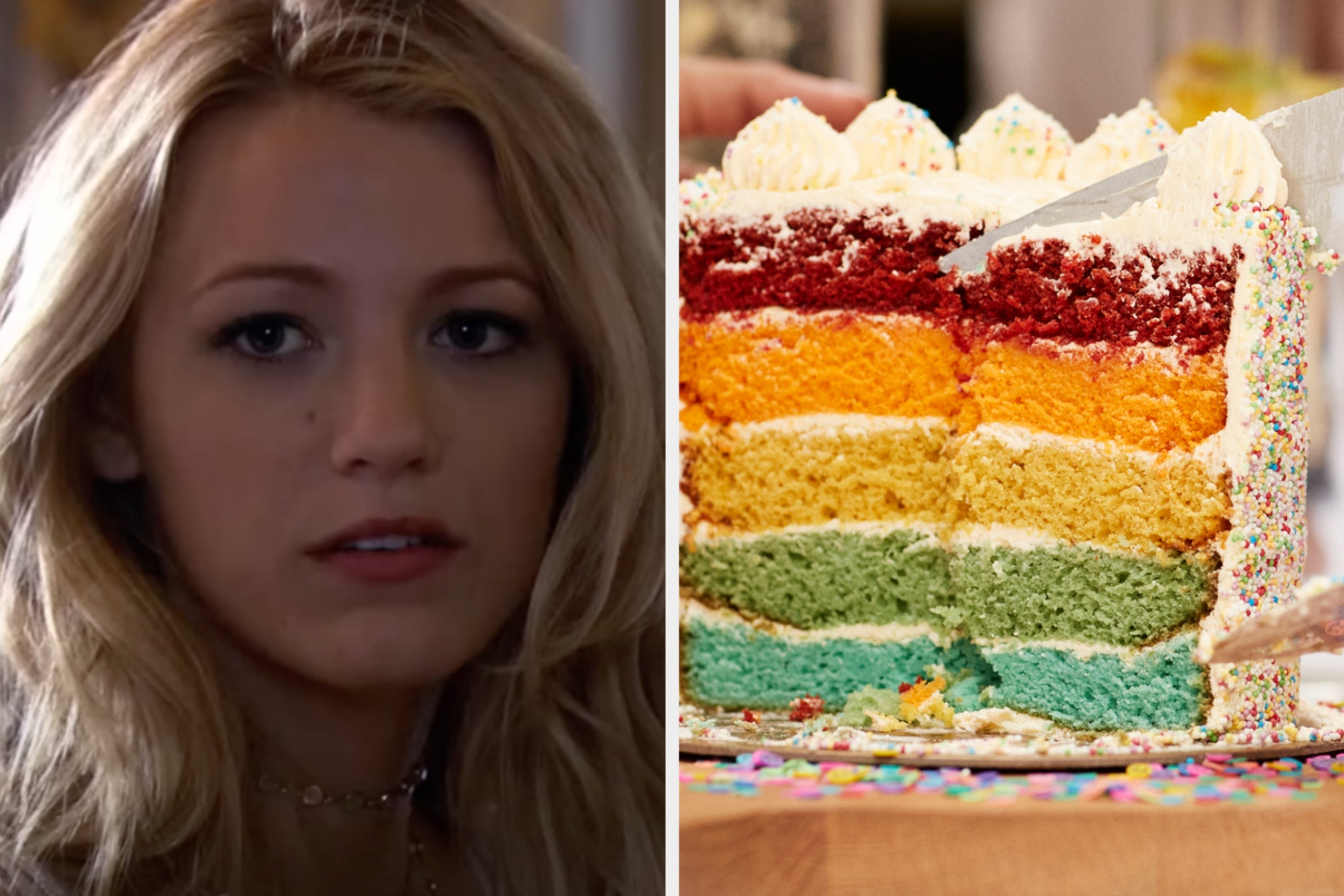 Left: Woman with long hair, wearing a choker. Right: Sliced rainbow layer cake with sprinkles