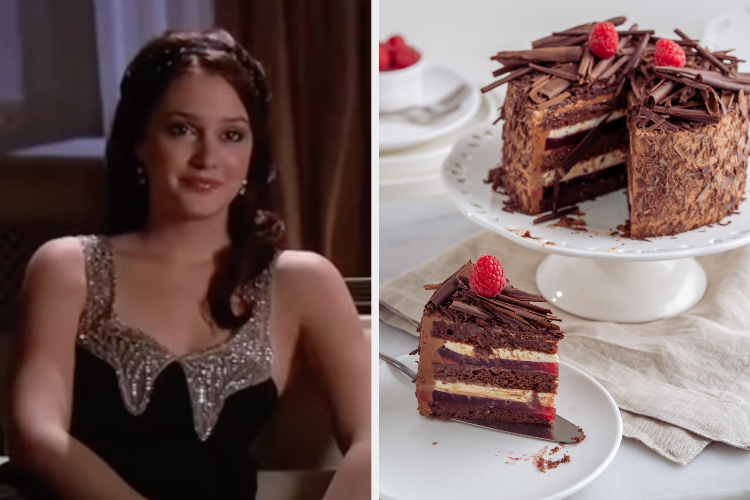 Left: A person in an elegant evening gown with a jeweled neckline. Right: Slice of layered chocolate cake with raspberries on a plate