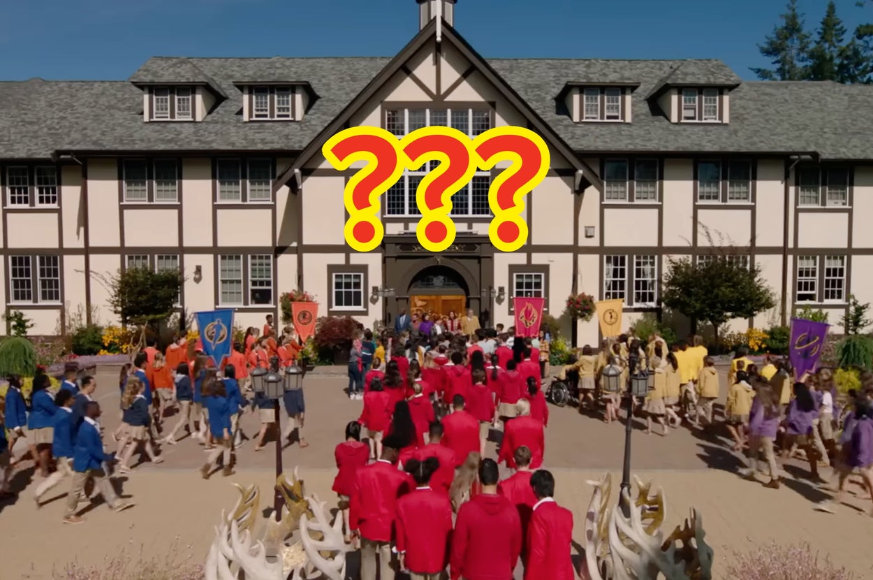 People wearing brightly colored uniforms gather in front of a large building with question marks above it