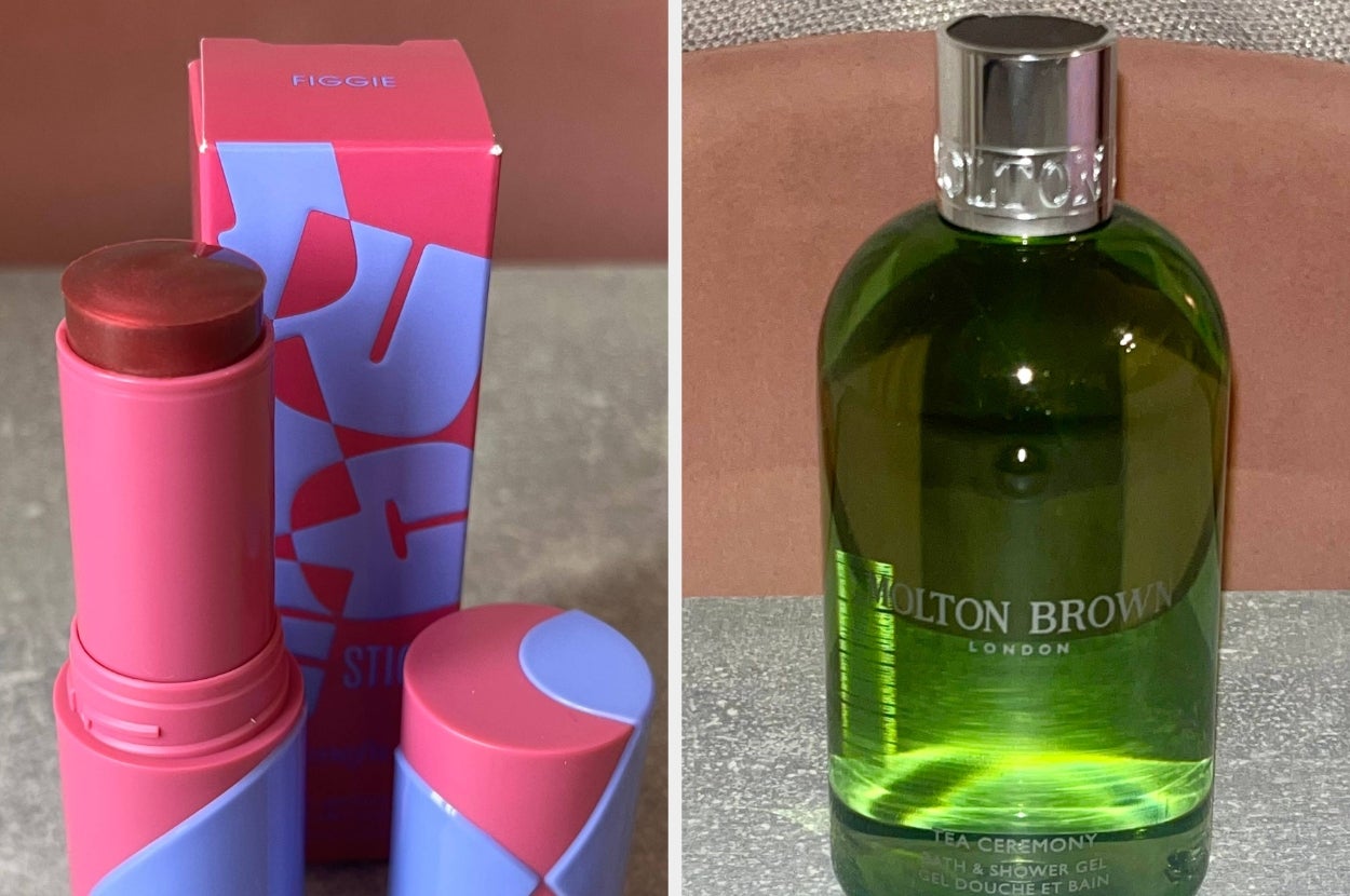 Left: Red lipstick labeled "Figgie" with pink and blue packaging. Right: Green bottle of Molton Brown London shower gel labeled "Sea Ceremony."