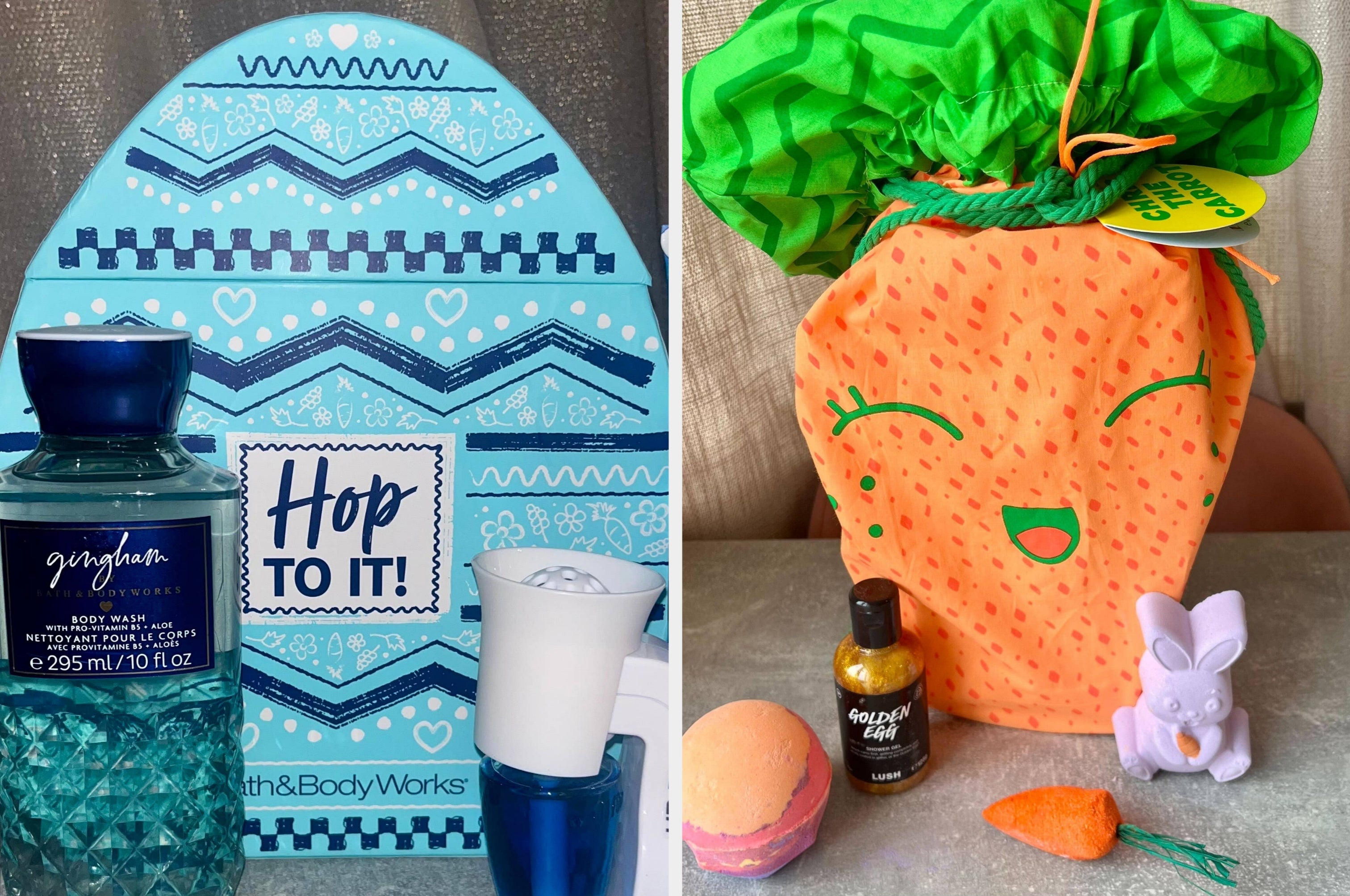 Makeup collection including palettes, brushes, and skincare items with a rabbit motif, themed packaging, and a large egg-shaped case