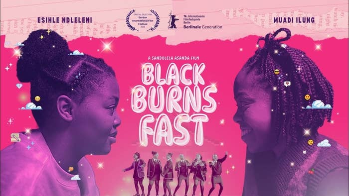 Two people facing each other on a movie poster for "Black Burns Fast," featuring awards and festival accolades