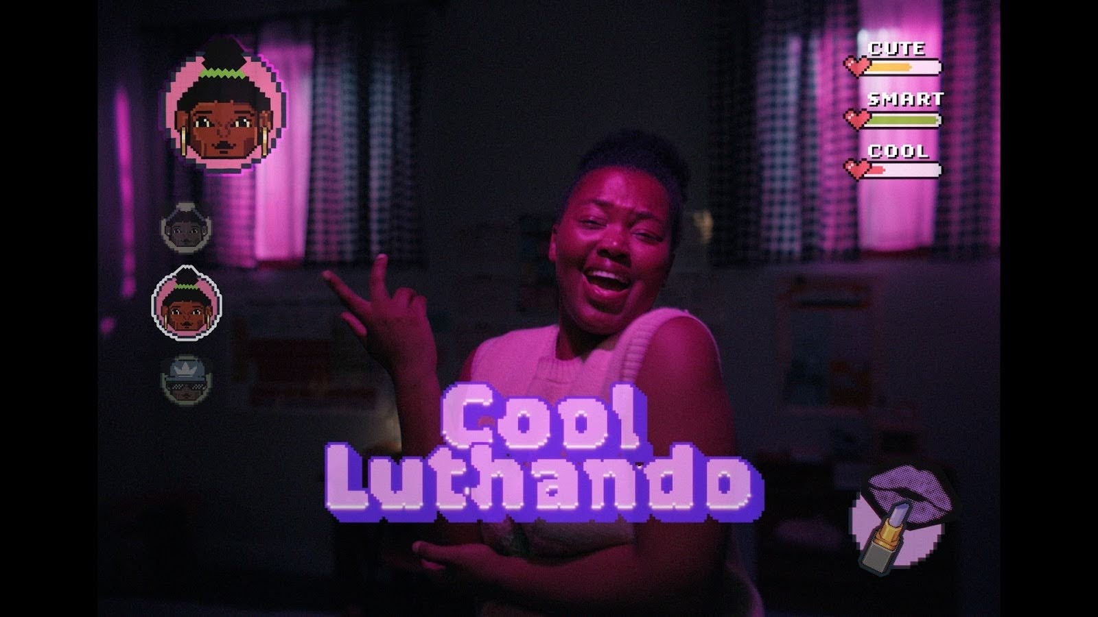 Person smiling with fingers in a peace sign, surrounded by video game-style graphics reading "Cool Luthando" and icons labeled "Cute," "Smart," "Cool."