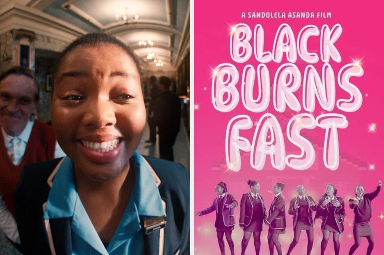 Person smiling widely indoors; movie poster for "Black Burns Fast" featuring a group of people in suits