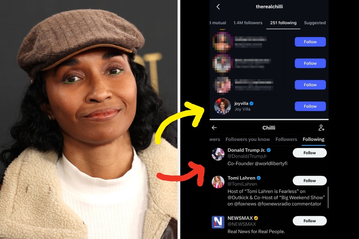 Chilli in a casual cap and jacket vs Chilli's following list on X and Instagram show multiple conservative figures