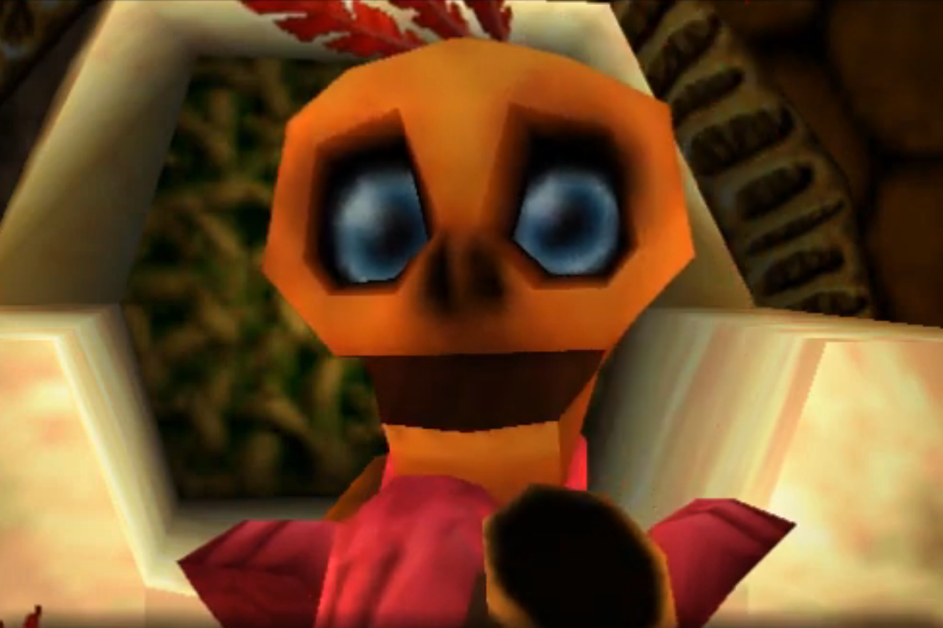 Mumbo with large eyes and a skull-like face appears surprised, standing in a mysterious setting