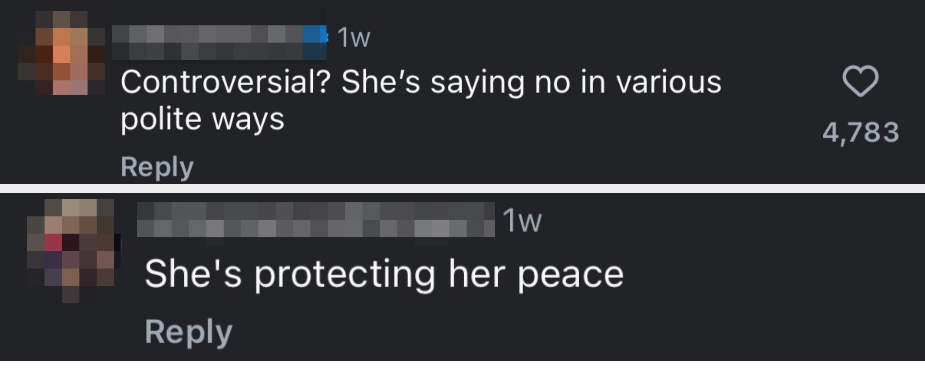 Comment explaining a woman's polite refusals arsenic  not controversial, with 4,783 likes