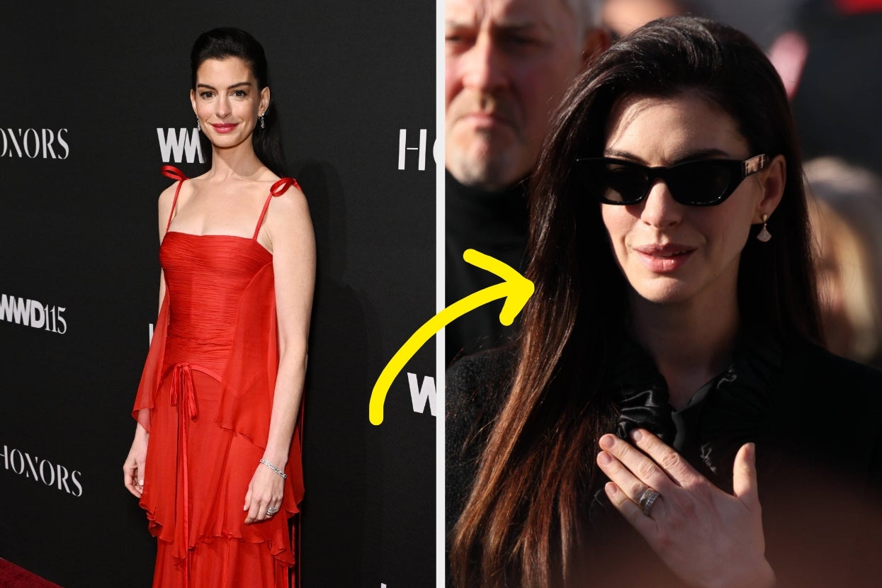 Anne Hathaway in a ruffled dress on the red carpet vs Anne Hathaway in sunglasses with a hand against her chest