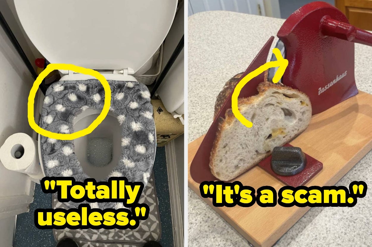 Toilet seat and bread slicer with yellow text commenting on their uselessness and inefficiency