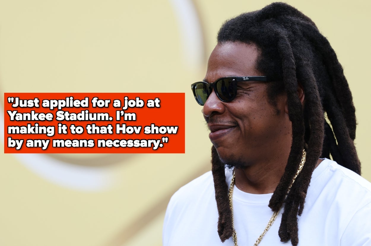 Person wearing sunglasses and a white shirt, with text saying they applied for a job at Yankee Stadium to attend a show