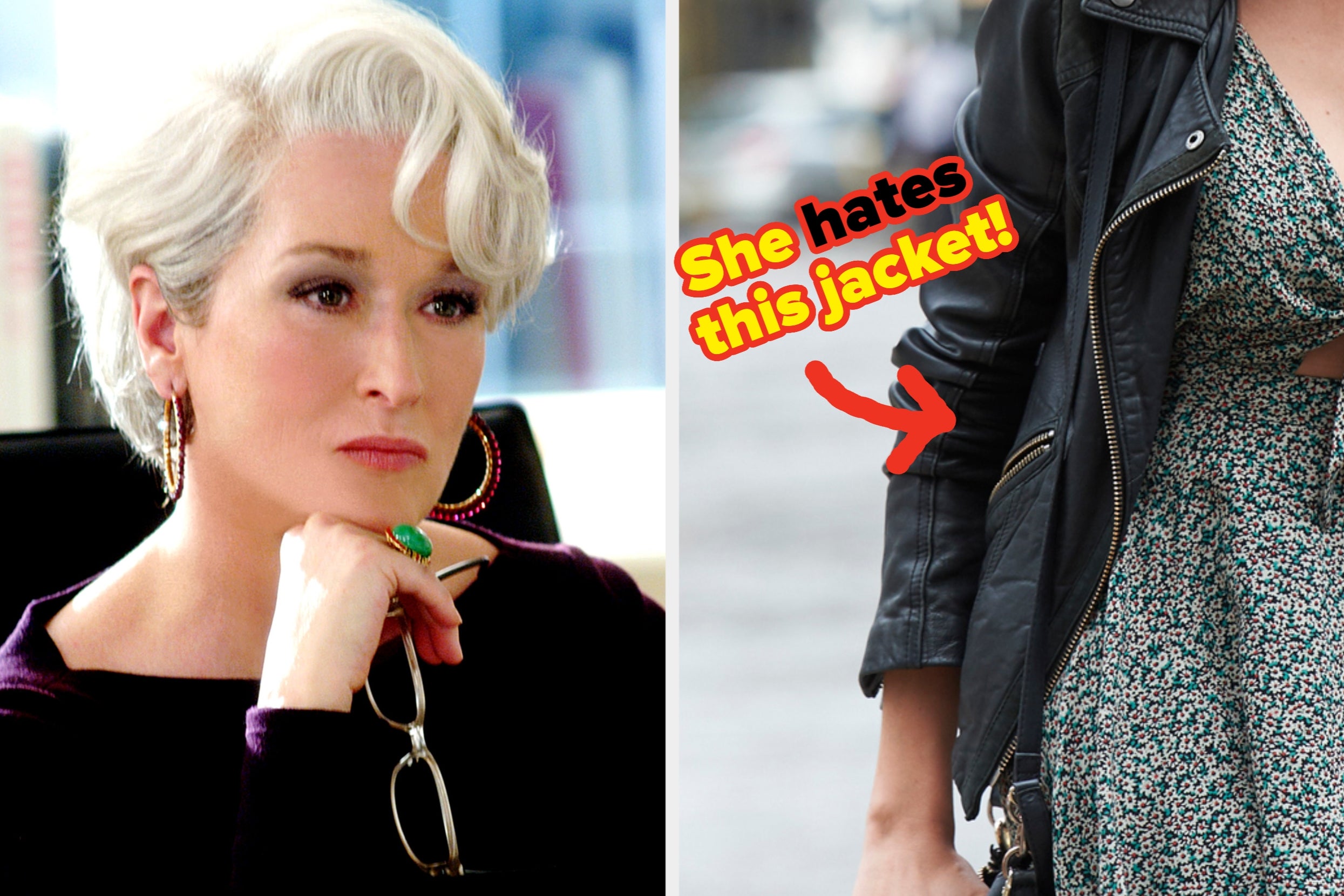 Woman in office suit contemplating, next to an image of a person in a floral dress with a leather jacket and text joking about disliking the jacket