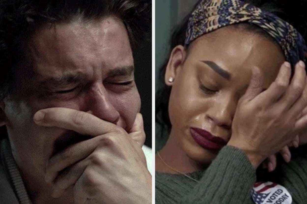 Two people are shown in emotional distress. The man has his hand on his face and the woman is wiping tears with her hand