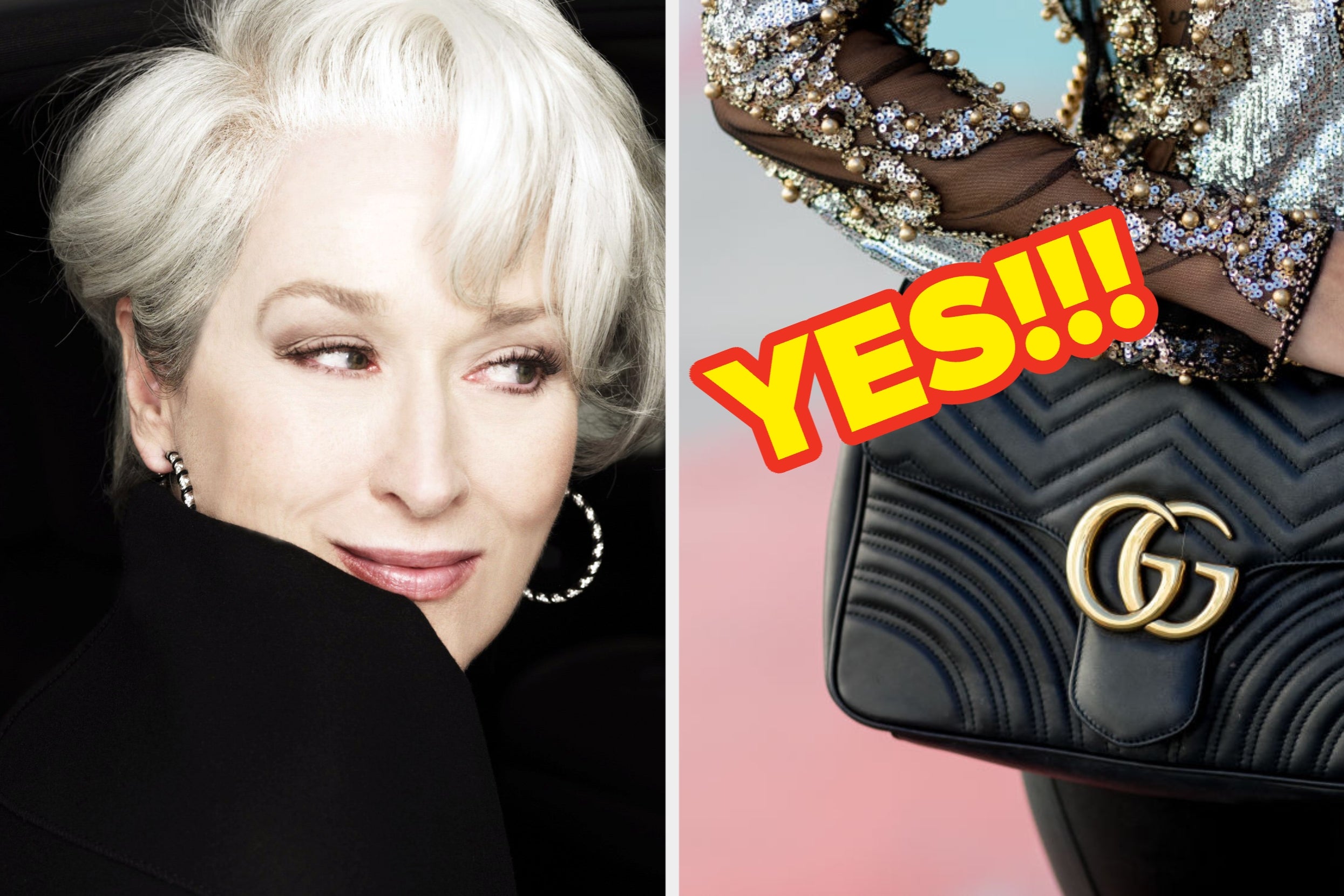 Left: Person with short hair looking over their shoulder. Right: Bejeweled sleeve, handbag with interlocking "GG" logo, and "YES!!!" text