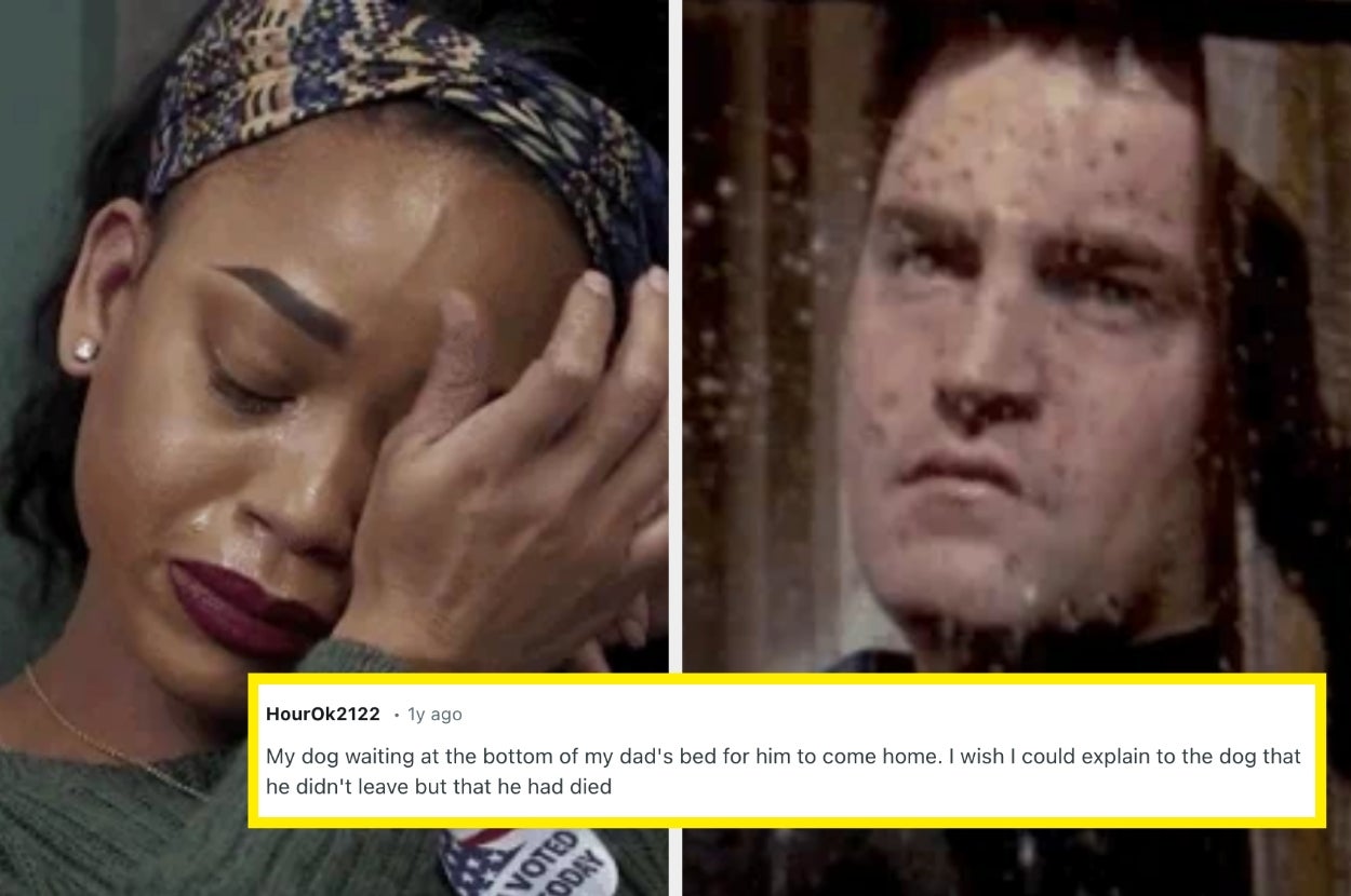Woman wiping tears and a man looking through rain-soaked window. Caption reflects on a dog's longing for a deceased owner