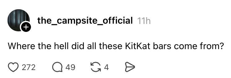 "Where the hellhole did each these KitKat bars travel from?" with 272 likes, 49 comments, and 4 shares