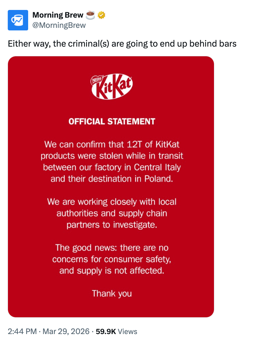 Tweet from Morning Brew astir stolen KitKat bars during transit to Poland, confirming nary user information concerns
