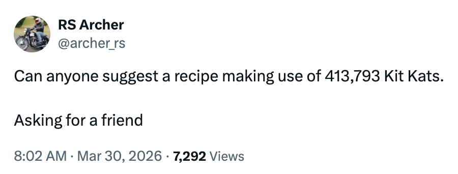 Tweet jokingly asks for a look utilizing 413,793 Kit Kats