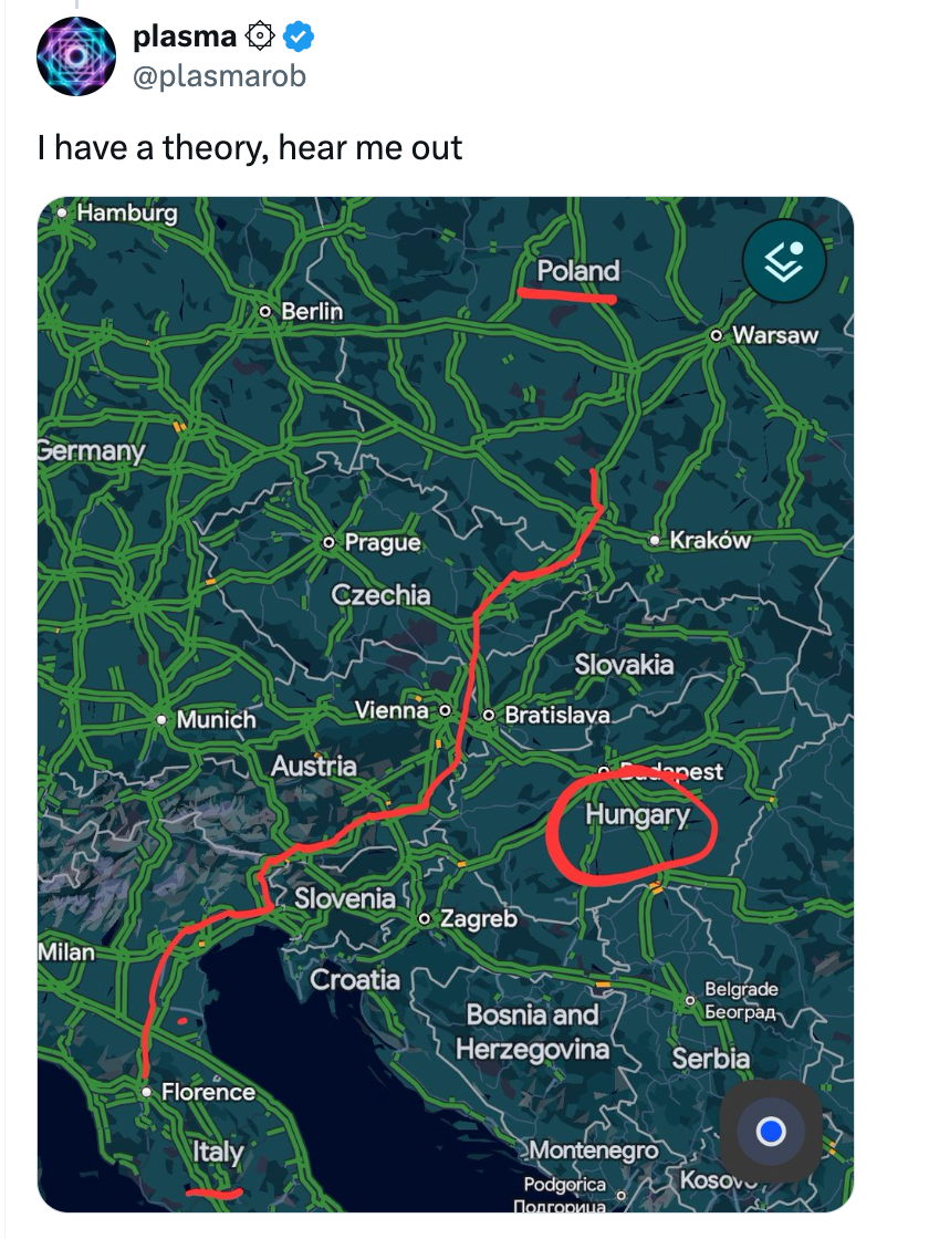Map of Europe with reddish lines connecting Italy, Slovenia, Slovakia, and Poland; Hungary is circled. Text reads, "I person a theory, perceive maine out."