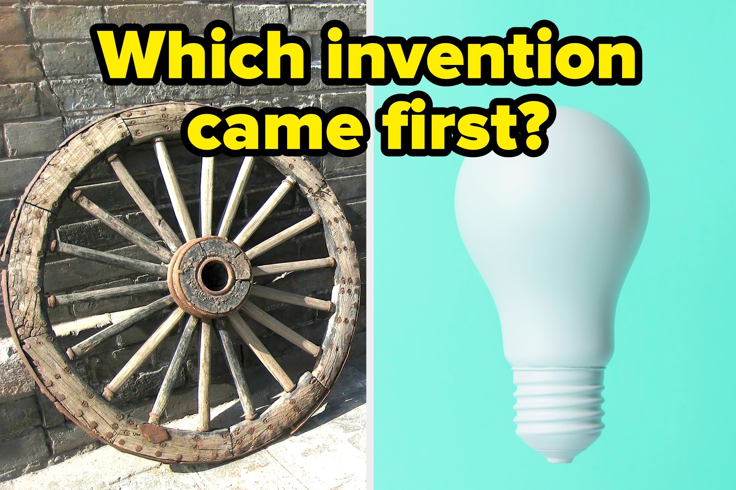 A wheel and a light bulb side by side with the text "Which invention came first?" in bold letters