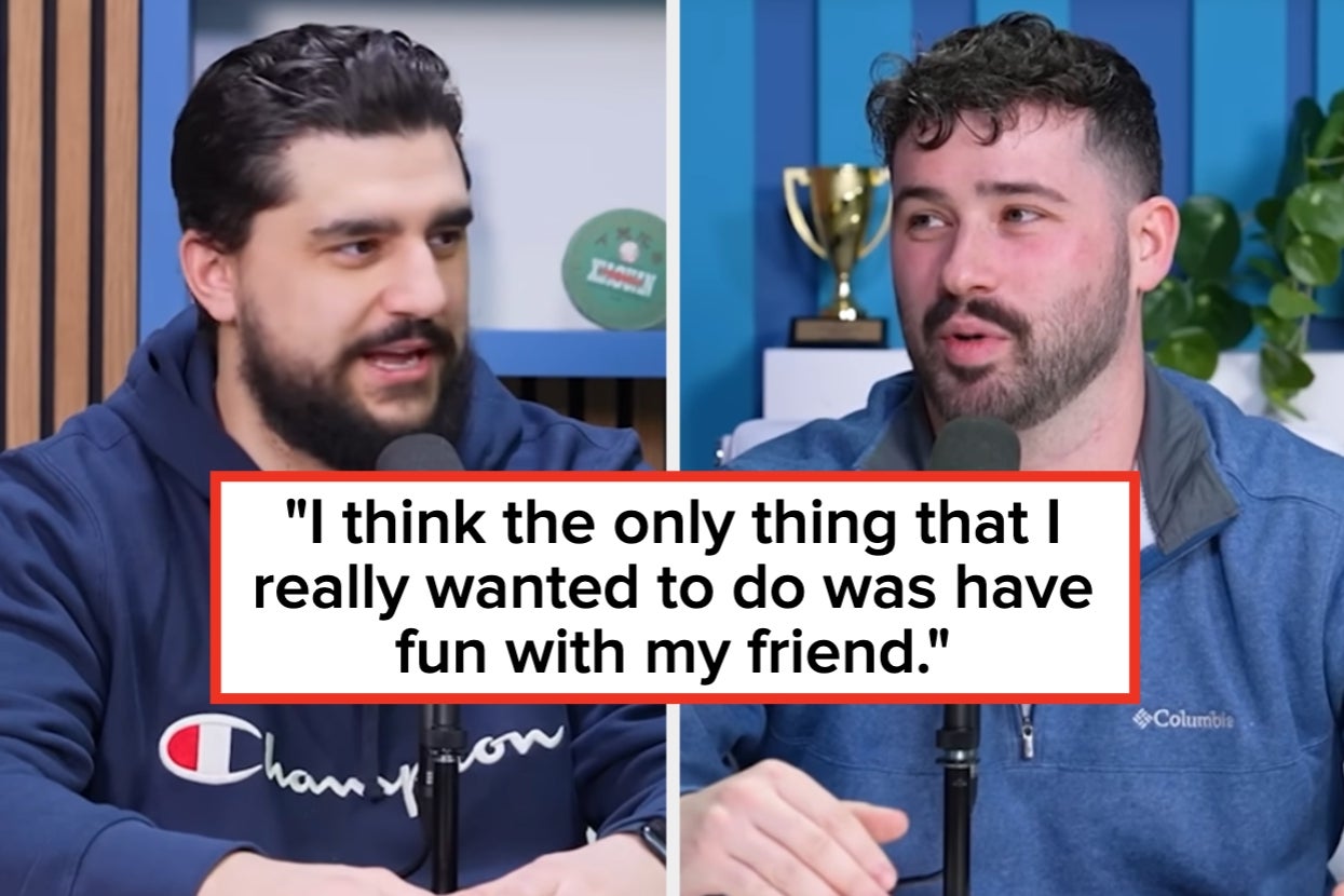 Two people speaking into microphones on a podcast. Quote: "I think the only thing that I really wanted to do was have fun with my friend"