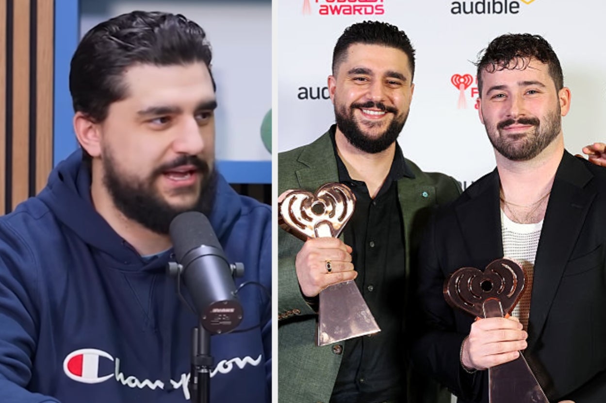 Two men pose with awards on the red carpet; one wears a suit, the other a casual jacket. Another image shows the man in a podcast setting